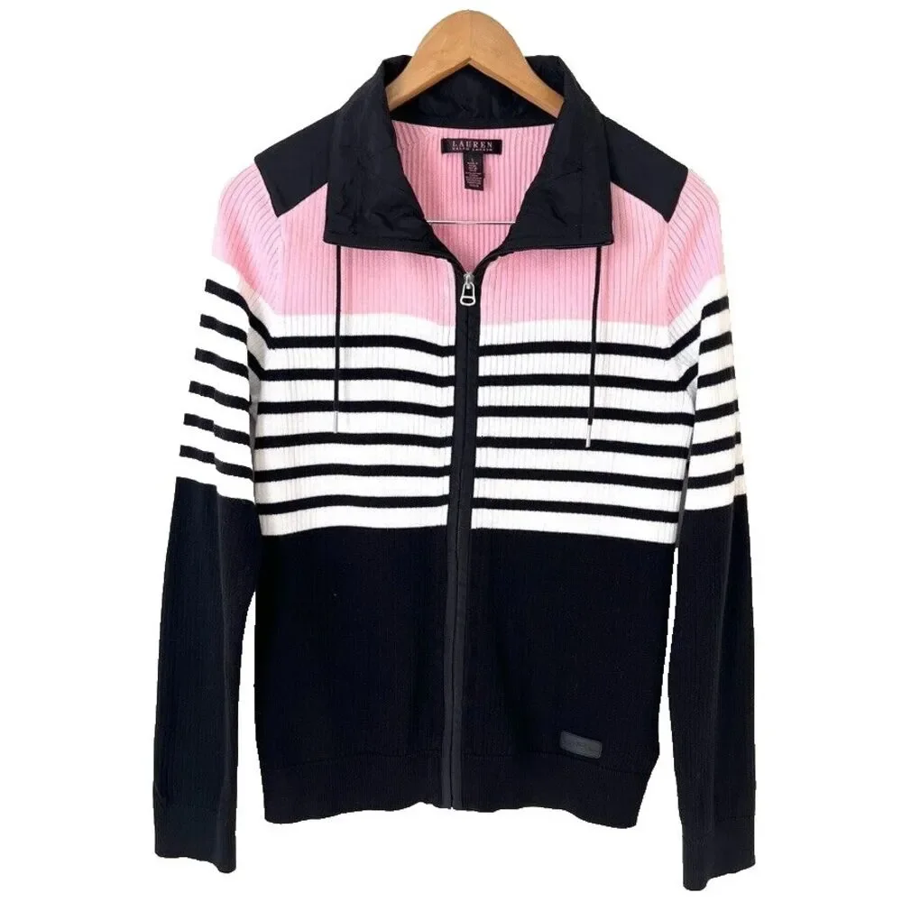 Lauren Ralph Lauren Zip Up Sweater Jacket Sz L Pink Black White Striped Cotton